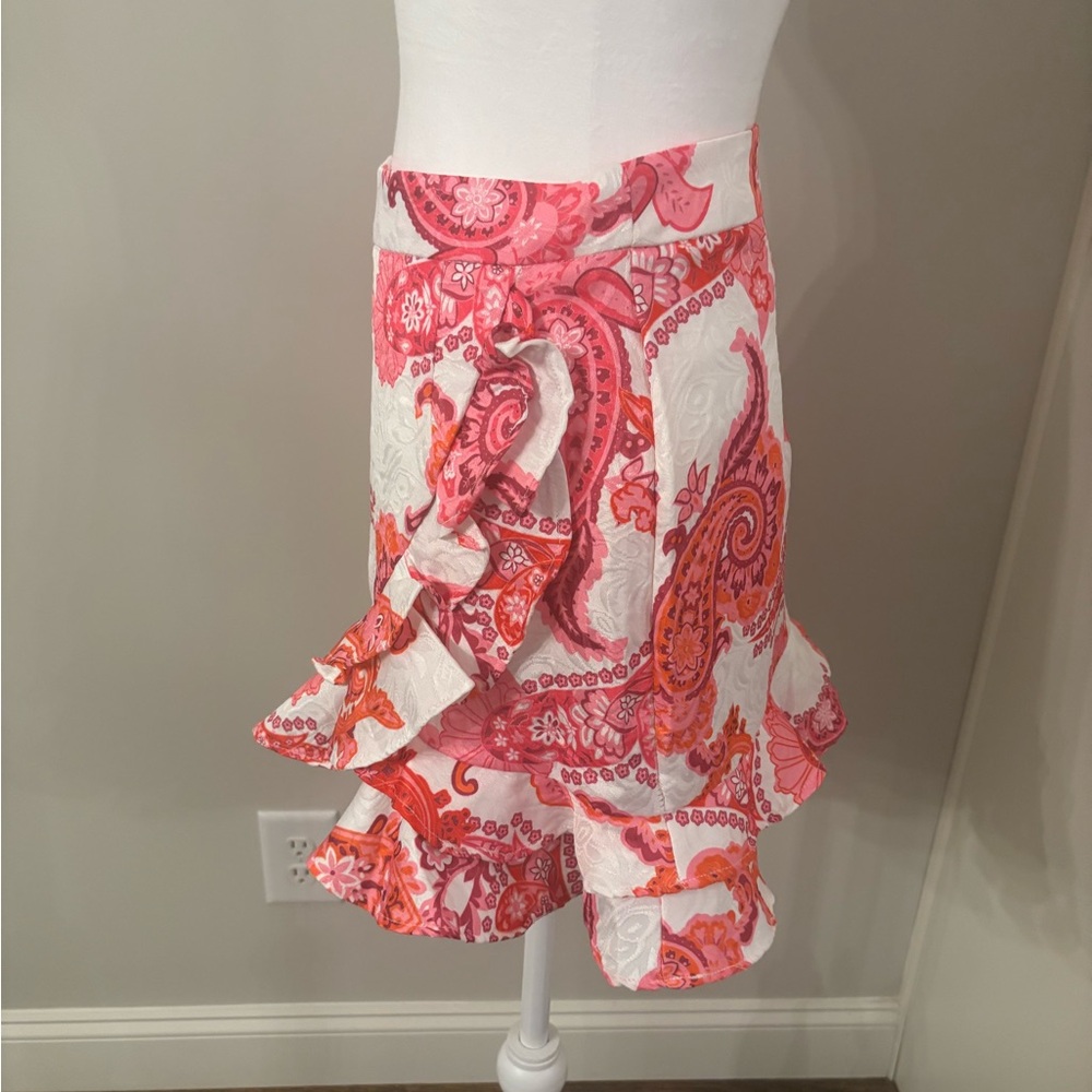 SHEIN Pink & Coral Paisley Ruffle Mini Skirt